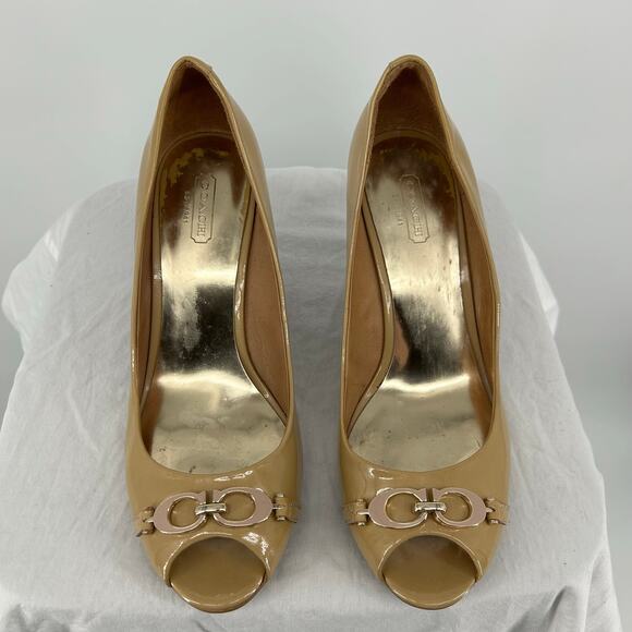 VTG y2k Women's Tan Patent Leather COACH Elora Wedge Peep Toe Buckle Sandals 9M - Picture 3 of 8
